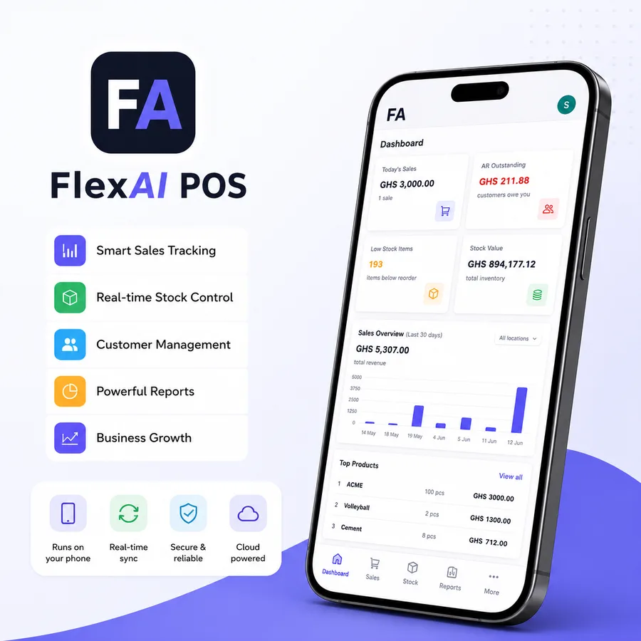 FlexAI POS app icon and dashboard on a phone